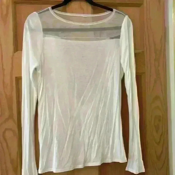 BCBGMaxazria white long sleeve top with sheer neckline and draped back - Picture 1 of 3